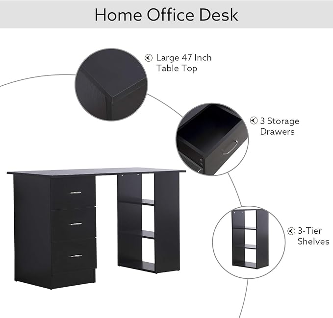 HOMCOM 47" Modern Home Office Computer Desk Bookcase Combo Writing Table Workstation with 3 Drawer and Storage Shelf - Black