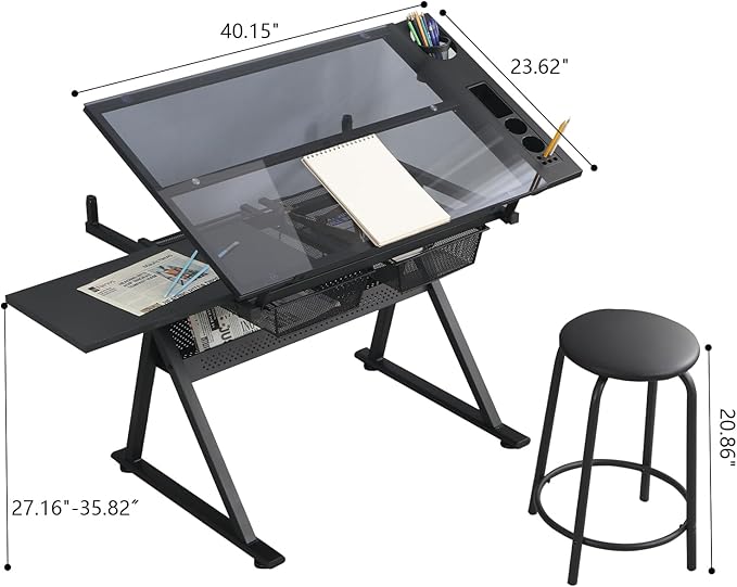 Black Drafting Table Desk w/Stool, Painting Table Art Craft Desk Crafting Table with Tilting Tempered Glass Top, 2 Storage Drawers, Height Adjustable