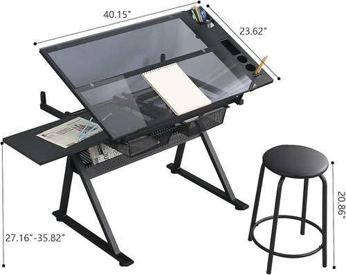 Black Drafting Table Desk w/Stool, Painting Table Art Craft Desk Crafting Table with Tilting Tempered Glass Top, 2 Storage Drawers, Height Adjustable