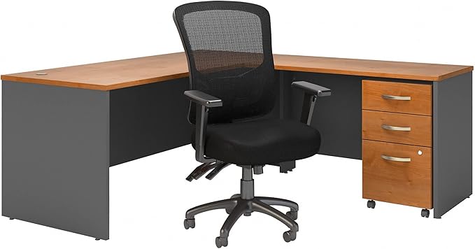 Bush Business Furniture Series C 72W L Shaped Desk with Mobile File Cabinet and High Back Multifunction Office Chair in Natural Cherry