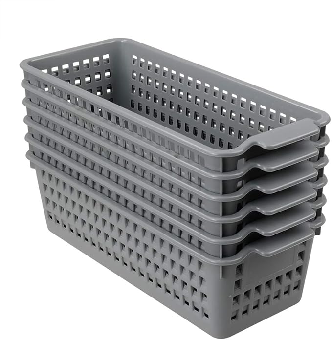 Long Plastic Basket Trays, Slim Pencil Organizer Grey, 6-Pack