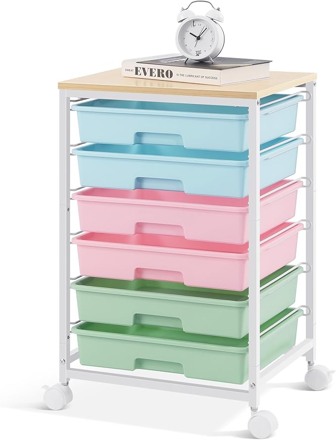 SYKIARIOL Rolling Cart with Drawers,Utility Cart with 6 Drawers,Rolling Storage Cart with Drawers and Wooden Tabletop & Lockable Wheel,Colorful