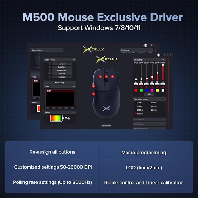 DELUX M500PRO Lightweight Wireless Gaming Mouse, 58.5g Lightweight, PAW3395 Sensor, 8000Hz Polling Rate, Huano Switches, Magnetic Charging Dock, RGB, Tri-Mode, 26000 DPI for PC Laptop Gamers (Black)
