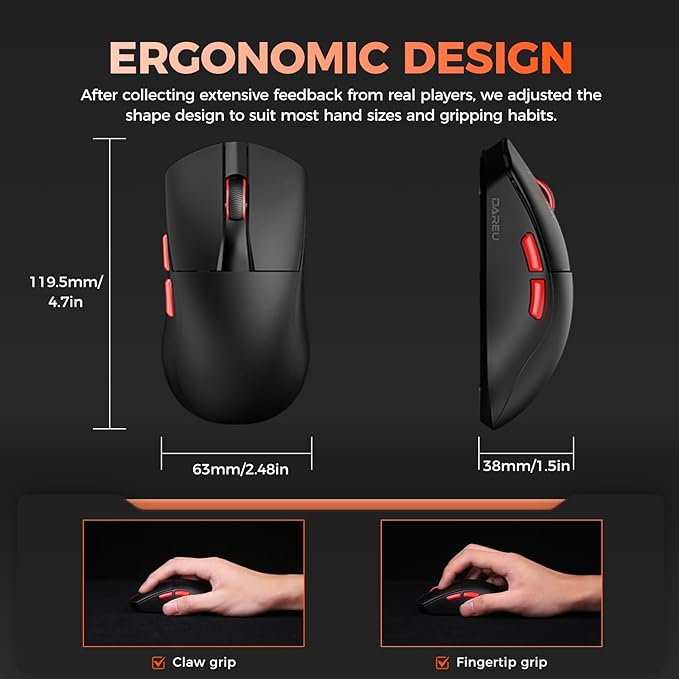 DAREU A950 Wing Ultralight Wireless Gaming Mouse 1.23oz (35g), Custom PAW3950 Optical Sensor,30K DPI, Wired/Wireless Dual 8000 Polling Rate, Symmetrical, 5 Programmable Buttons,70H Battery, Web Hub