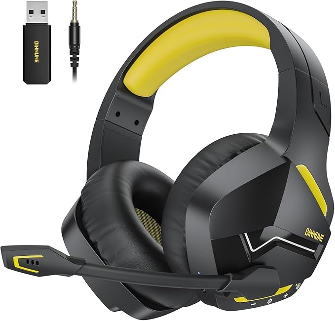 BINNUNE 2.4GHz Wireless Gaming Headset, Bluetooth 5.3 Gaming Headphones with Noise Canceling Mic, 120H Ultra-Long Battery, 50mm Drivers, Multi-Platform for PC / PS5 /PS4/ Switch/Mobile, Yellow