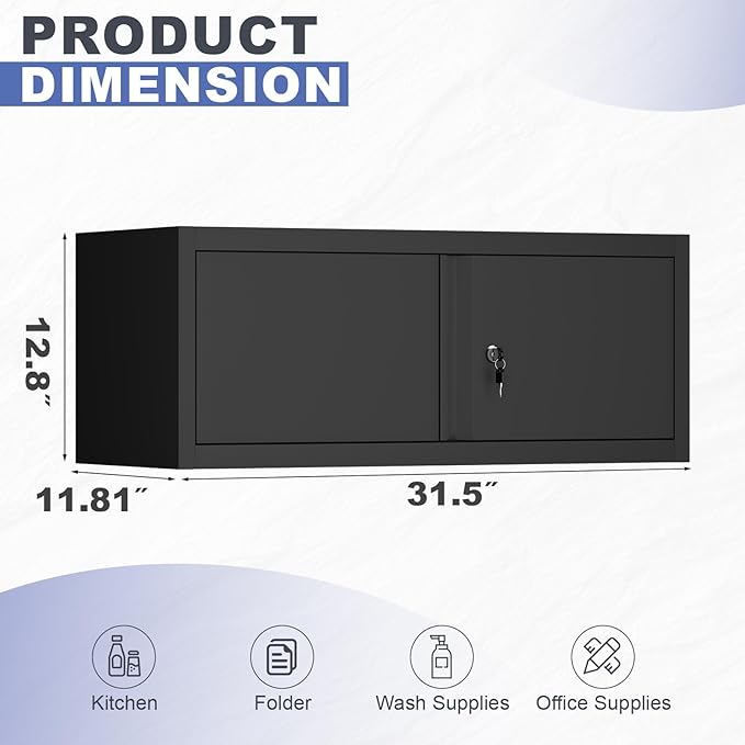 Black Storage Cabinets Wall Mounted, 12.8”H Upper Cabinet for Home, Metal Cabinets with Doors, Locking RV Storage, Floating Garage Tool Cabinet for Warehouse