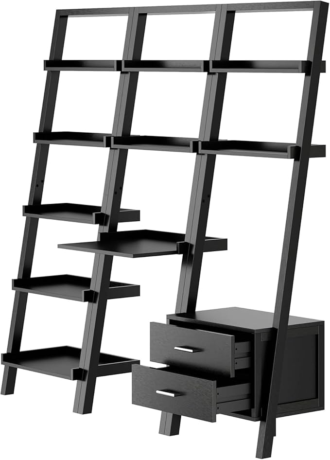 Modern Black 3-Piece Leaning Desk and Ladder Shelf Set – Solid Wood Wall-Leaning Workspace & Storage System for Home Office or Living Room
