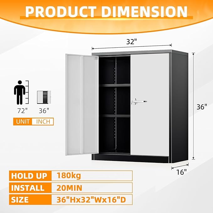 SUNCROWN Metal Storage Cabinets, 36”Locking Cabinet with Doors and Adjustable Shelves, Steel Utility Tool Garage Cabinets for Home, Office, Kitchen,Warehouse （Grey & Black）