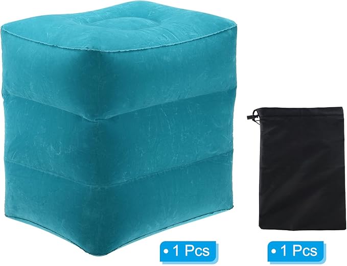 PATIKIL Travel Foot Rest Pillow, Inflatable Foot Rest Mat Adjustable 3 Layers Height Sleep Flights Leg Rest Pillow for Airplane Train Office, Teal Blue