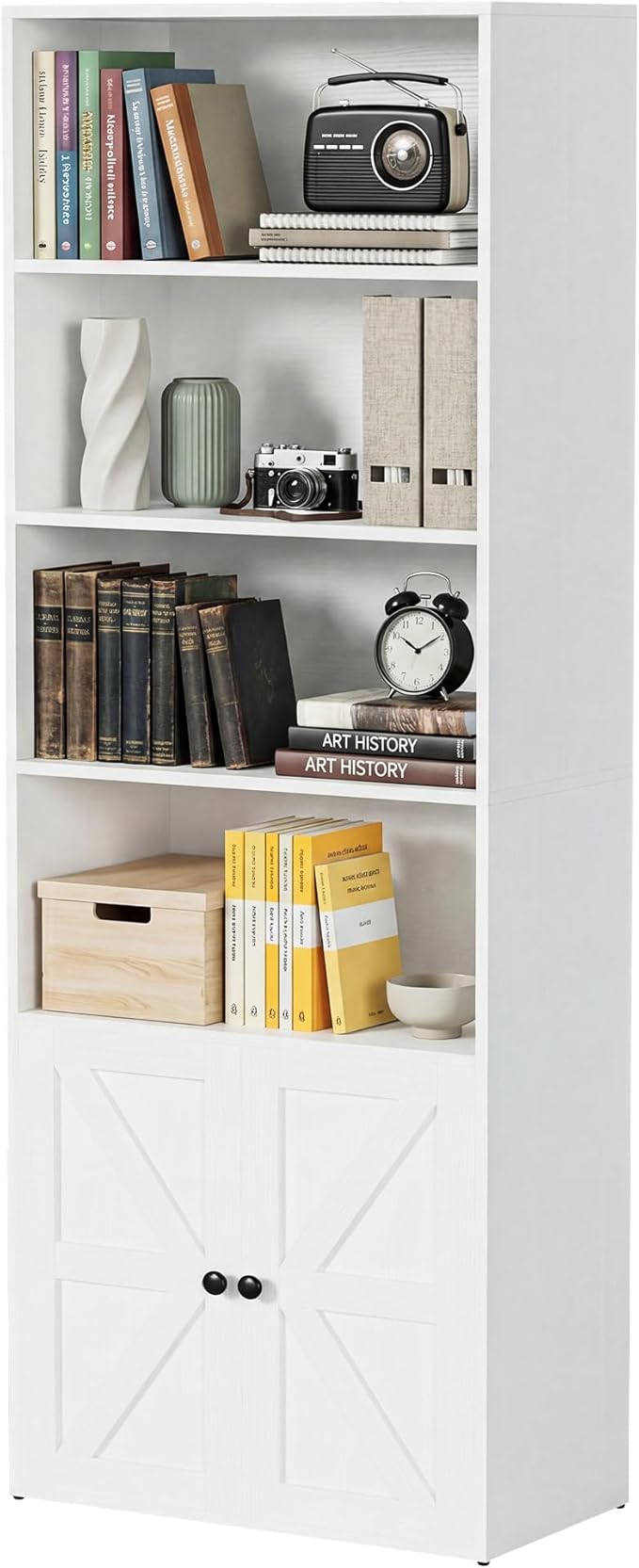 YESHOMY Farmhouse Bookshelf and Bookcase with Doors, Industrial Bookshelves and Bookcases Floor Standing Display 6-Tier Shelf Storage Shelves 71.5 inchs for Home Office, Living Room, White, 1 PCS