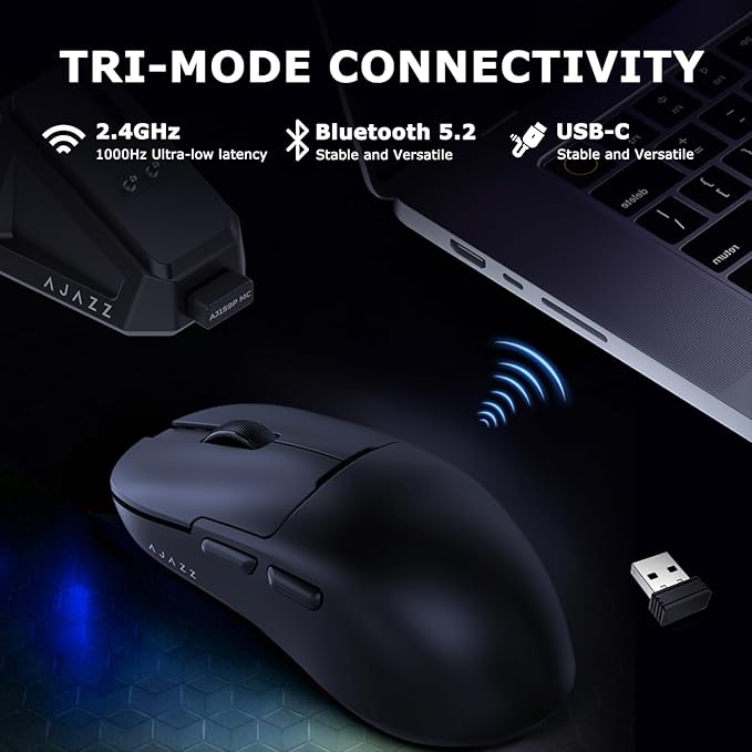 AJ159P MC Wireless Gaming Mouse, 12000 DPI, Tri-Mode 2.4G/Bluetooth/Wired, Magnetic RGB Charging Dock, 56g Ultra-Light, Programmable 6 Buttons - Perfect for Gaming, Work & Travel (Black)