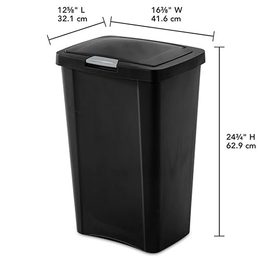 Sterilite 13 Gallon TouchTop Narrow Plastic Wastebasket with Secure Titanium Latch for Kitchen, Bathroom, and Office Use, Black (16 Pack)