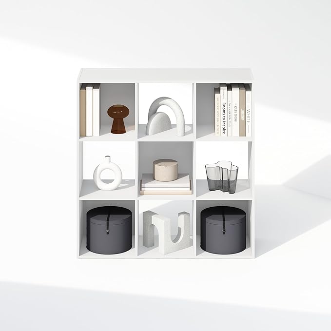 Furinno PELLI Book Shelf, 9-Cube Bookshelf, Cube Storage Organizer Bookcase, 11.7 x 35.3 x 35.4, for Living Room, Bedroom, Home Office, White