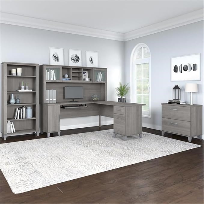 UrbanPro 72W L Shaped Desk Set with Hutch, Storage, File Cabinet & Bookcase, Engineered Wood in Gray, Pull-Out Tray, Frosted Glass Doors, Adjustable Shelves, Home Office Furniture