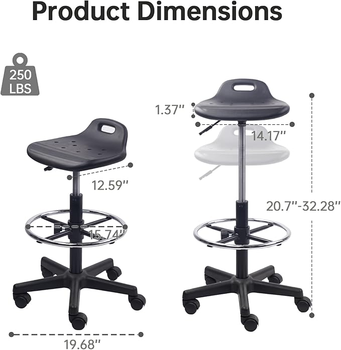 KLASIKA Adjustable Height Drafting Rolling Stool with Foot Rest Breathable Seat Cushion Swivel Chair, Multi-Purpose Work Stools for Nail Salon Office Bar Lab Counter Barber Kitchen Shop Black, 2PK