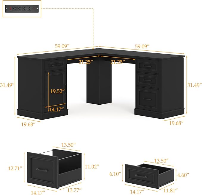 Vabches Farmhouse 59" L-Shaped Executive Desk with Drawers, Wood Home Office Corner Desk with Charging Station, File Drawer, Storage Cabinet, Rustic Computer Writing Desk for Home Office(Black