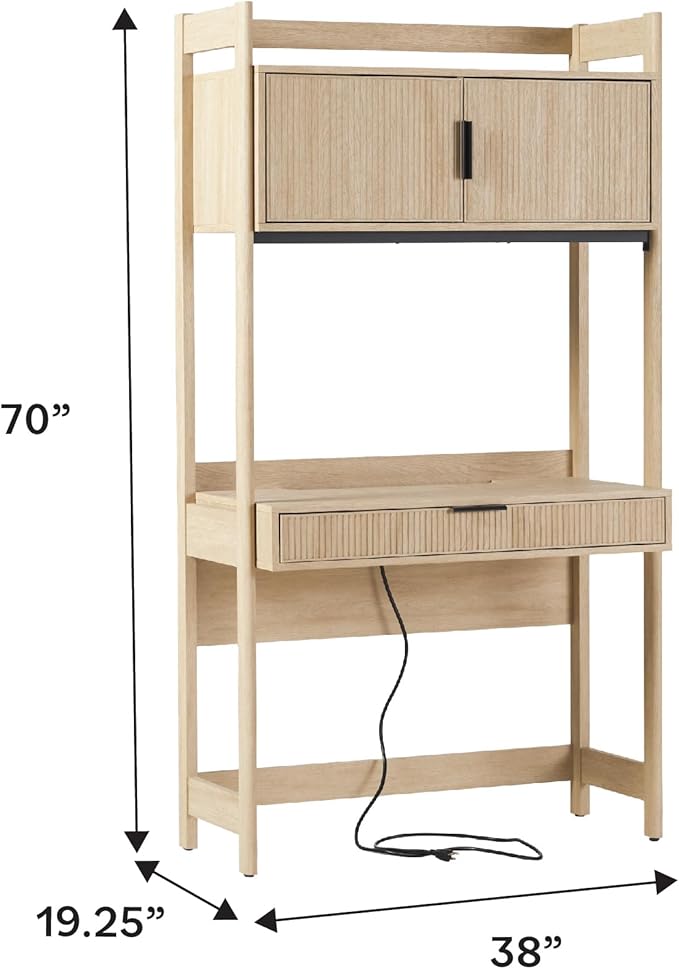 Walker Edison Transitional 2-Piece Hutch Desk with Wide Bookcase, Reeded Drawer Fronts, Built-in outlets and USB Ports, Set of 2, Coastal Oak
