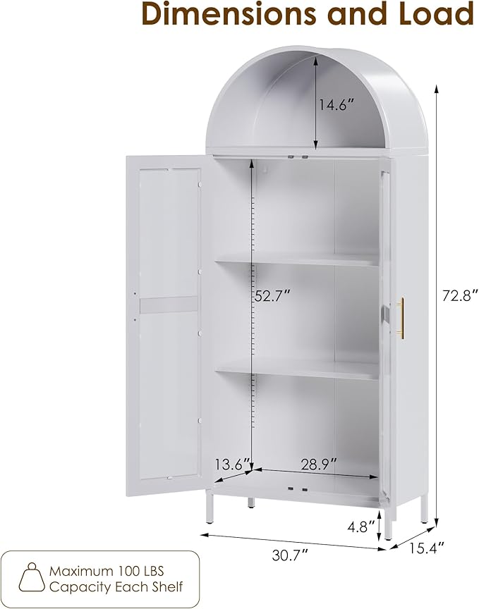 VEXPOR 73" Tall Arched Display Cabinet with Glass Doors, Metal Arched Curio Cabinet with 2 Adjustable Shelves for Living Room, Home Office, Assembly Required, White