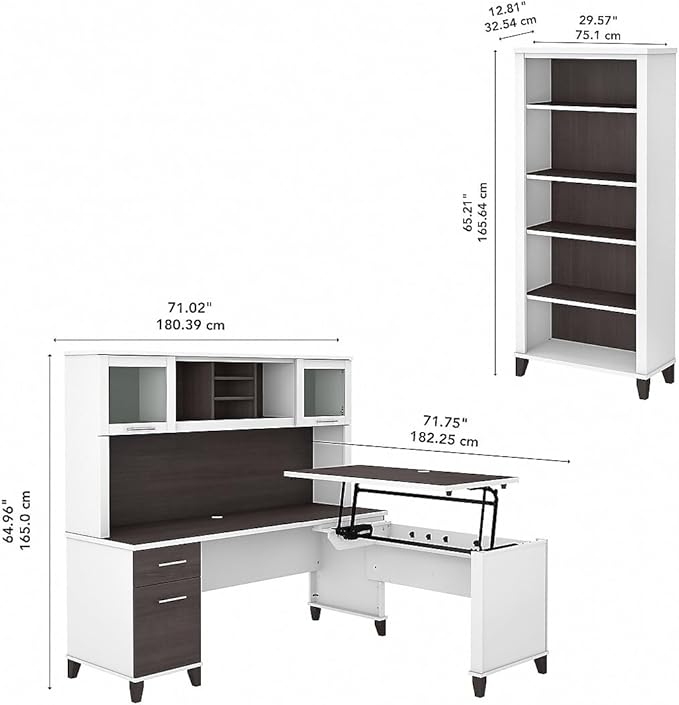 Bush Furniture Somerset 72W 3 Position Sit to Stand L Shaped Desk with Hutch and Bookcase in White and Storm Gray