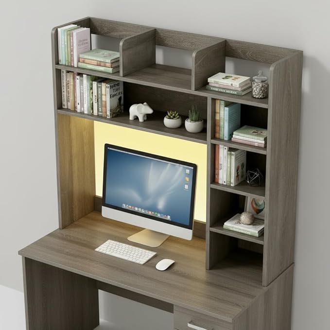Tangkula Desktop Bookshelf with LED Lights, Desk Hutch with 8 Shelves for Max 25" Monitor, Desktop 5-Tier Display Rack, Multipurpose Wood Desktop Storage Hutch Organizer for Dorm Office Home (Grey)