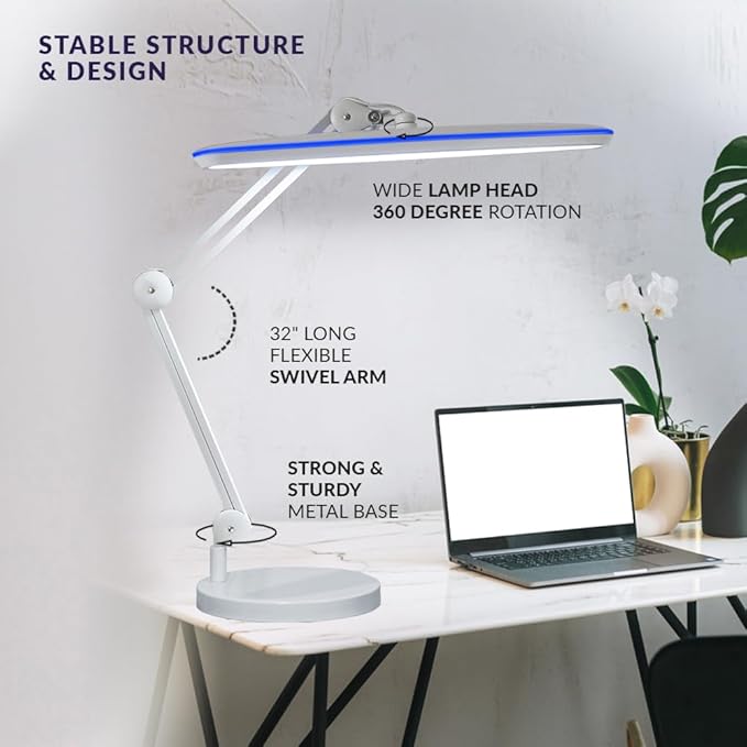 Neatfi XL 2,200 Lumens 24W LED Desk Lamp – 23” Wide Shade | Dimmable Eye-Caring Task Light | Adjustable Arm | Home Office, Study, Crafts & Nail Tech (White, Non-CCT with Clamp)