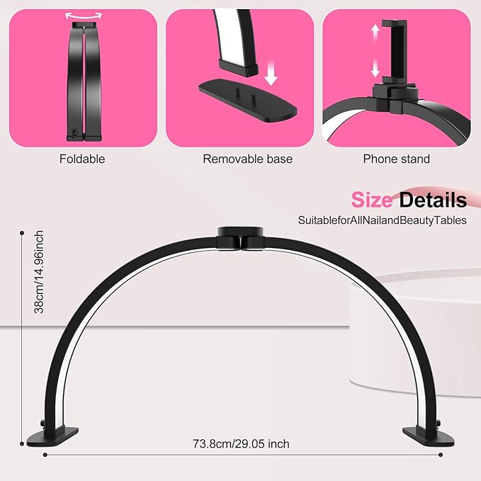 Half Moon Light for Nail Desk: 29in LED Arch Nail Tech Table Lamp with Phone Holder - Salon Professional Desk Light 3 Color Modes & 10 Brightness Lighting for Manicure Technician Use（Black,Large）