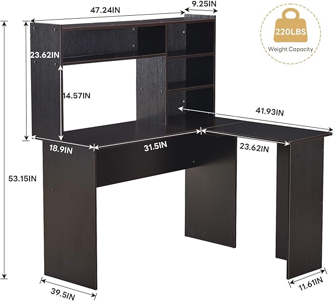ivinta L Shaped Office Desk with Storage Shelves, 47.2" Modern Corner Computer Desk with Storage hutch for Gaming Writing Study Wrok, Small Home Office Table for Bedroom Living Room, 7194 (Dark Brown)