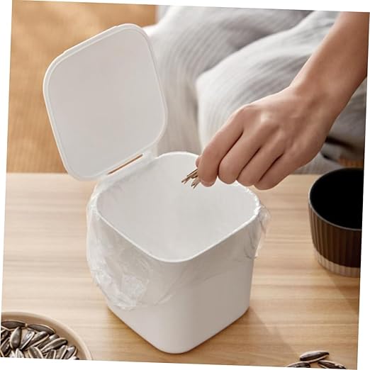 Slim White Kitchen Garbage Can Small Trash Can Lid Desktop Rubbish Storage Bin