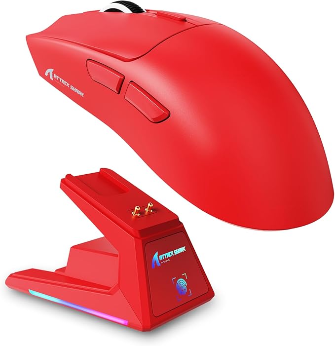ATTACK SHARK X1 Superlight Wireless Gaming Mouse with RGB Magnetic Charging Dock, BT/2.4G Wireless/Wired Gaming Mouse, PAW3395PRO Gaming Sensor, 40000DPI, 53g Office Mice for PC/Mac/Win/Xbox (Red)