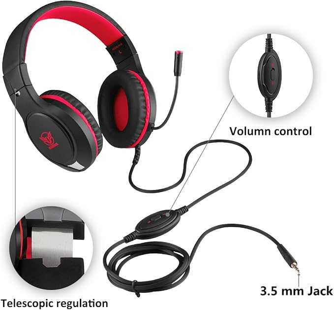 H-10 Gaming Headset for PS4, Xbox One, PC, PS5, Nintendo Switch, Stereo Wired Noise Cancelling Over Ear Headphones with Mic for Kids Adults, Bass Surround, Soft Memory Earmuffs, Red