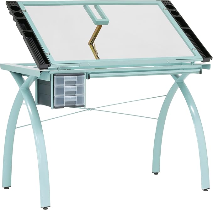 SD Studio Designs Futura Craft & Drawing Table with Adjustable Tempered Safety Glass Top – Modern Art Desk with Storage Drawers, Pencil Ledge, Glossy Sage/Clear Glass