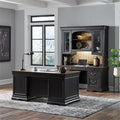 Pemberly Row Modern 5 Piece Jr Executive Desk Set, Aged Charcoal Finish, Poplar Solids with Birch & Maple Veneers, Includes Desk, Credenza & Hutch, LED Lighting, Locking File Drawers for Office Use