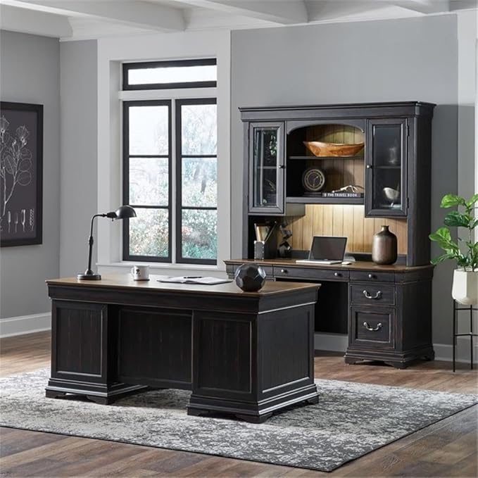 Pemberly Row Modern 5 Piece Jr Executive Desk Set, Aged Charcoal Finish, Poplar Solids with Birch & Maple Veneers, Includes Desk, Credenza & Hutch, LED Lighting, Locking File Drawers for Office Use