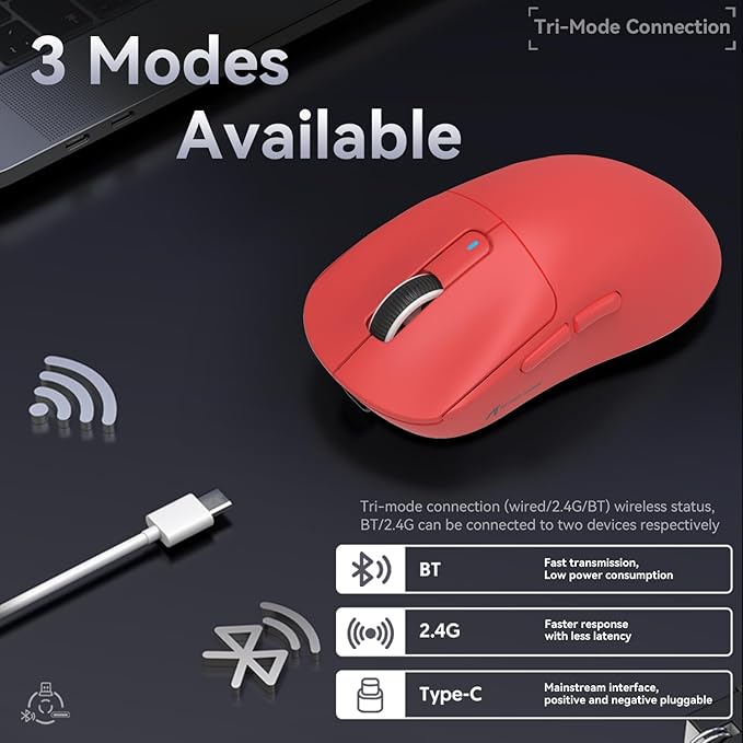 MAMBASNAKE Attack Shark X3 Wireless Gaming Mouse, 49g Ultralight, PixArt PAW3395 26000 DPI, Bluetooth/2.4Ghz /Wired Tri-Mode, 200Hrs Rechargeable Battery, Kailh GM8.0 Switch for PC/MAC/Win - Red