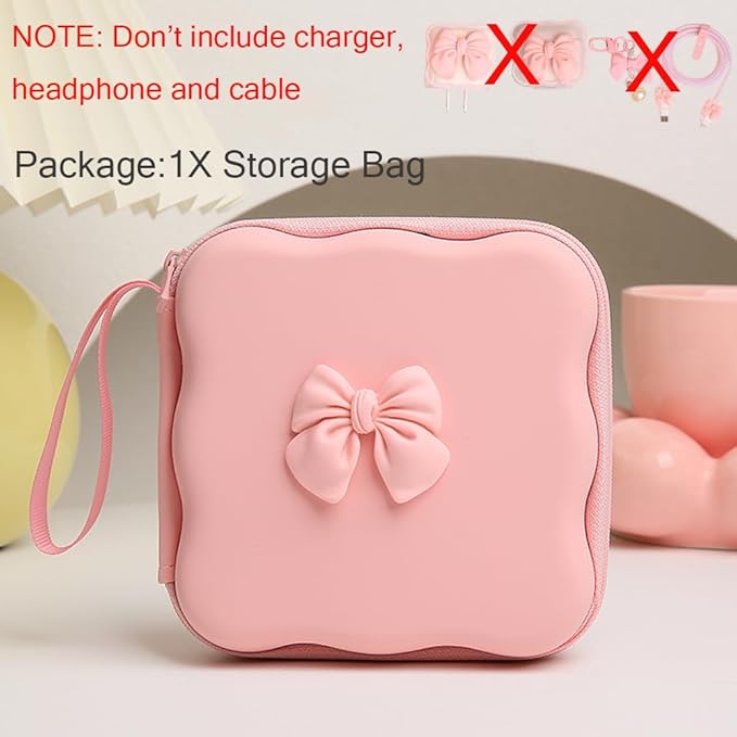 Charger Cover Storage Bag, Cute 3D Bow Tie Waves Design Charger Protector Travel Storage Case, Earphone Wire Saver Cable Cord Organizer Wireless Earphone Storage Box, Pink Bow