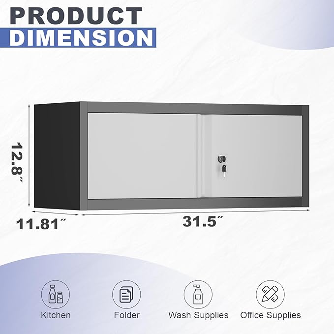 Metal Locking Cabinet, 12.8" H Garage Cabinet Wall Mount, Steel Storage with Doors, Floating Storage Organization for RV, Hanging Cabinets for Workshop, Warehouse, Wall Cabinet