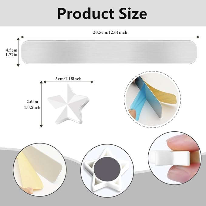 Magnetic Board, Frameless Stainless Iron Magnetic Strips with Adhesive Backing, 3-Pack Magnet Bulletin Board Bar, Memo Board with 10 White Star Magnets for Wall, Office, School, Home, Photos