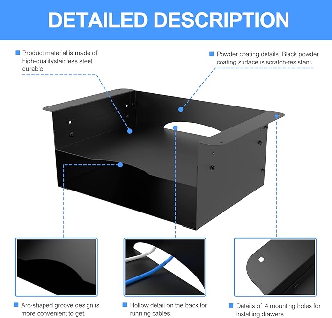 GOME Under Desk Storage Metal Shelf Double Layer Design with Adjustable Tray Organizer Drawer with Big Hole in The Back for Stand Up Desks Office Desks Workstations Tv Stand