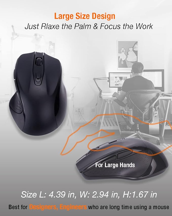 USB C Wireless Mouse, Large Size Ergonomic, Rechargeable Gaming and Office Mouse with 4 Level DPI Settings, 6 Buttons, for MacBook Pro, iPad Pro and Laptop Port,