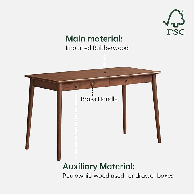 Computer Desk, Solid Wood Desk, Mid Century Modern Home Office, Writing Desk with Drawers for Study Bedroom Living Room