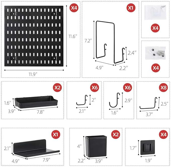 acDesign Pegboard Organizer, 4Pcs Metal Peg Board Panels with 26Pcs Peg Board Organizer Accessories for Walls Tool Organization