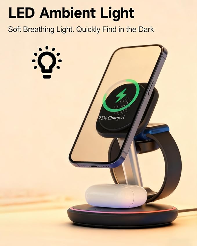 3 in 1 Wireless Charging Station for Apple MagSafe Charger, 15W Fast Magnetic Phone Charger with Breathing Light for Magsafe Charger Stand for iPhone 17 16 15 14 13 12, Apple Watch, AirPods, Gifts