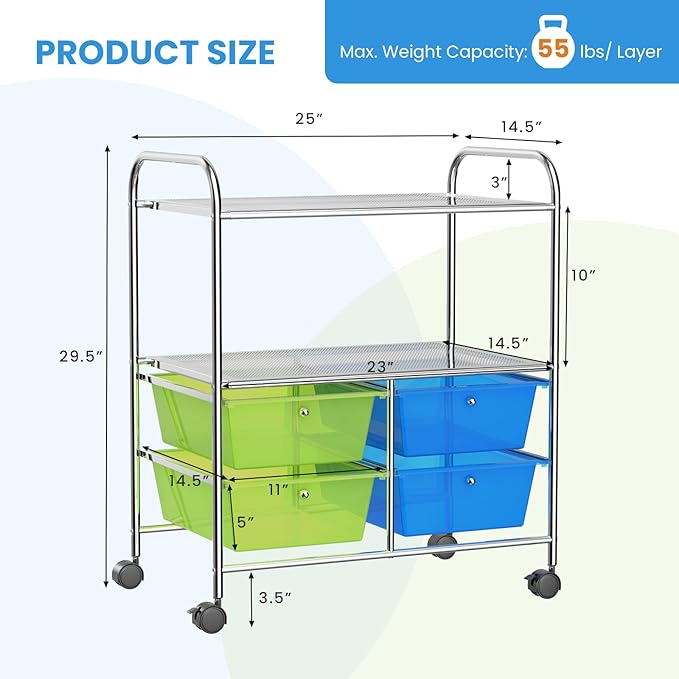 Moccha Rolling Storage Cart with 4 Drawers - Storage Drawers Organizer with wheels for Craft Art Supply Paper Salon, Scrapbook Paper Tools, Movable Utility Cart for Classroom School Studio, Green