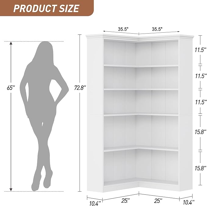 IDEALHOUSE Corner Bookshelf 72.8in Farmhouse Bookcase Large Bookshelves Wood Bookcase Tall 5 Tier Corner Shelf L Shaped Bookshelf Storage Display Rack Living Room Bedroom (White, Full Panel)
