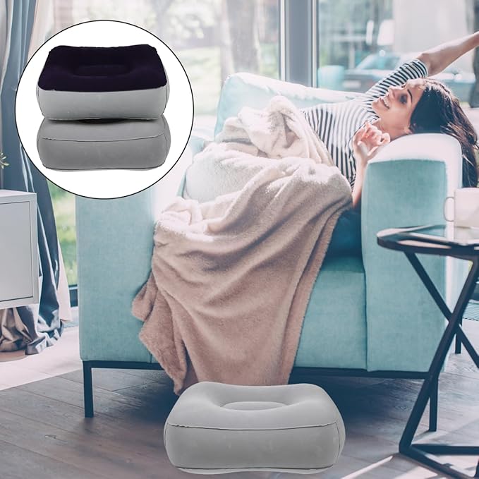2PCS Inflatable Foot Rest Pillows Inflatable Travel Foot Rest Cushions Pads Grey Under Desk Cushions for Airplanes Cars Buses Trains Office 37x28cm (Grey Blue+ Grey)