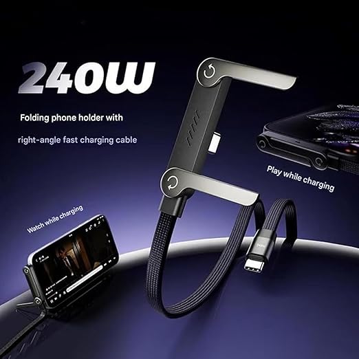 2-in-1 Invisible Holder Charger Cable – 240W Fast Charging Cord with Built-in Phone Stand, Tangle-Free Nylon Cables for Smartphones Tablets (2 pcs)