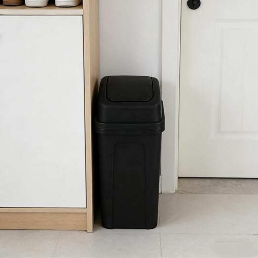 1.8 Gallon Plastic Bedroom Trash Can, Small Garbage Can with Swing Lid, Black