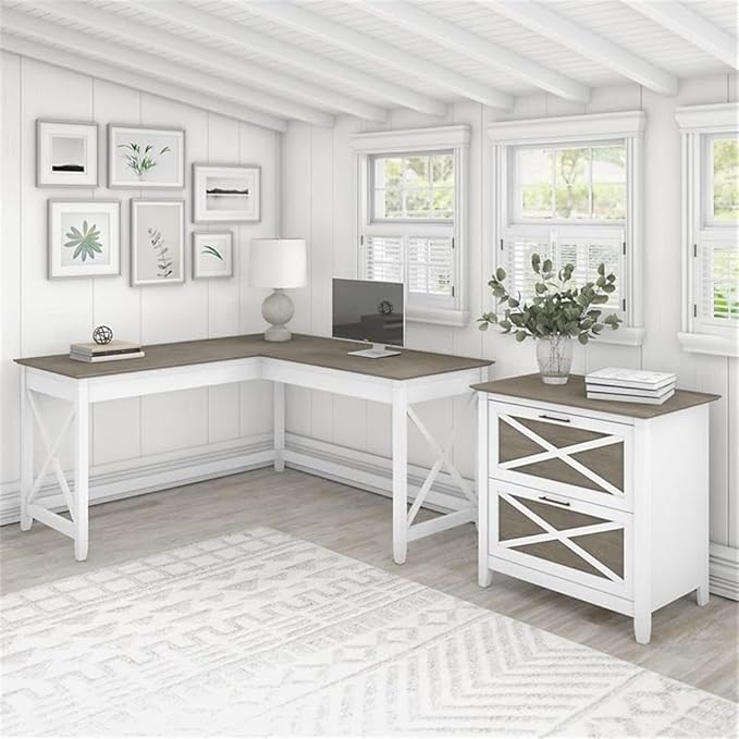 Pemberly Row L Desk with Lateral File Cabinet, White and Gray Finish, Engineered Wood, 60W x 60D Desk and 30W File Cabinet, Durable Home Office Furniture Set with Storage Drawers, Coastal Farmhouse