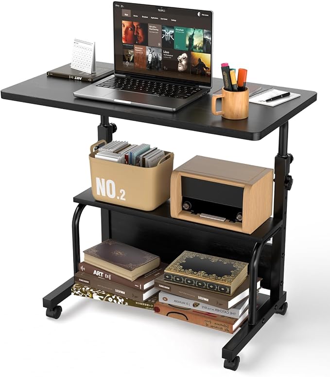 QZMDSM Portable Rolling Desk on Wheels Adjustable Height Desks for Small Spaces, 32" Computer Desk with Storage Shelves for Home Office Black