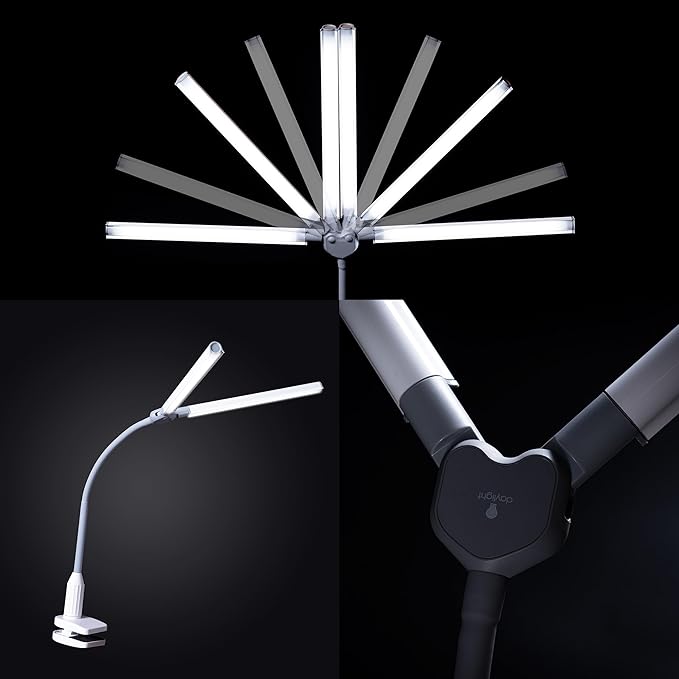DuoPro Clamp LED Lamp - 6,000K Daylight, 2,100 Lux at 12", 4 Brightness Levels, Anti-Glare Shades, Adjustable Arm, Slim Design, Perfect for Sewing, Reading, Crafts, Beauty Treatments - Grey/White